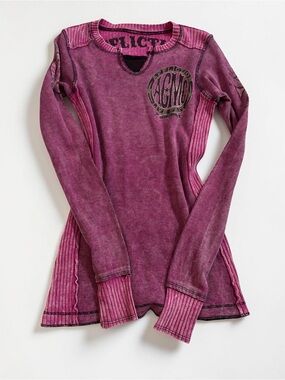 Y2K Affliction Pink Acid Wash Thermal Motorcycle Graphic Long Sleeve Top XS